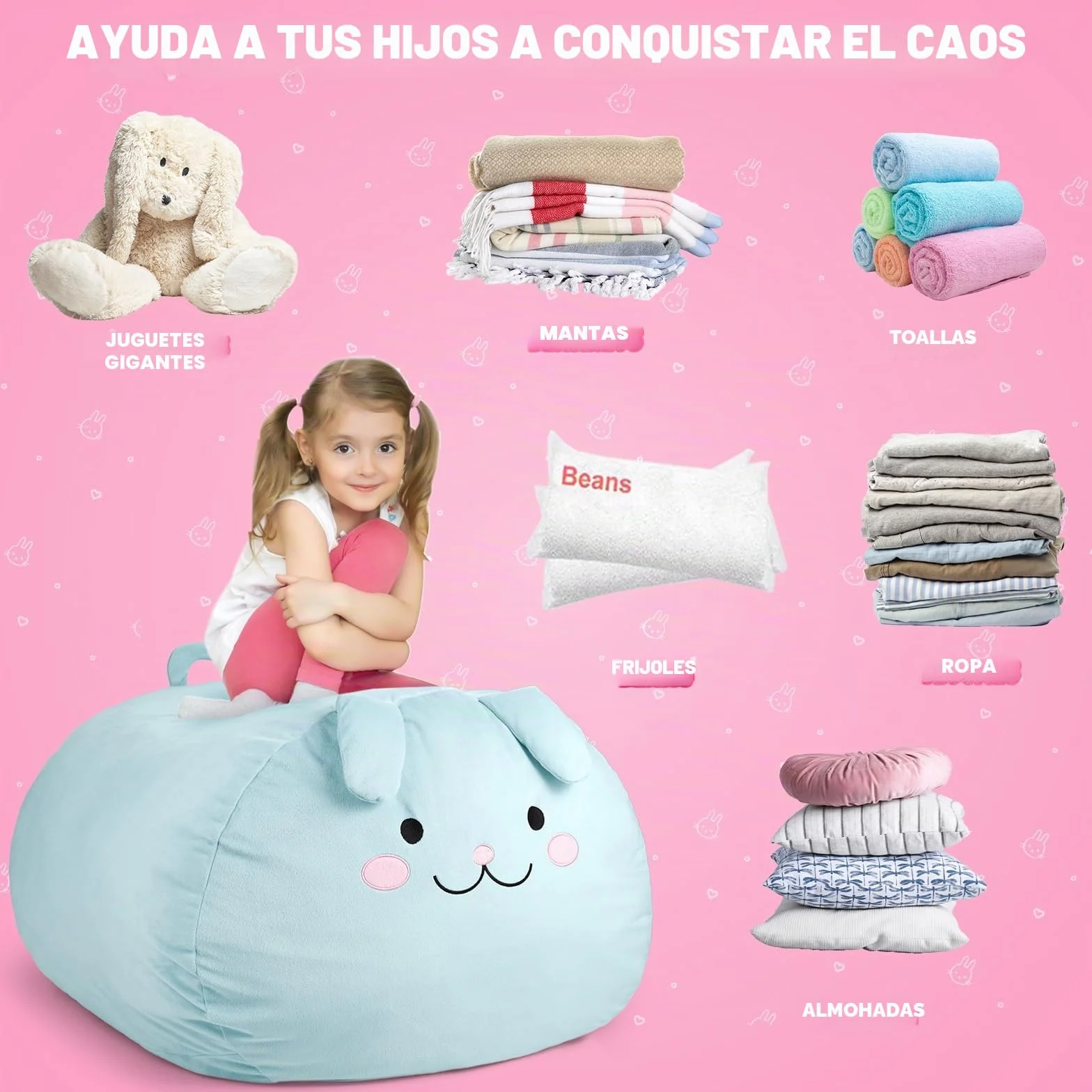 GAGAKU Saco de Almacenamiento para Peluches Conejo Azul 200L Bolsa Puff Salon XXL para Juguetes Habitación Infantil Gran Saco Asiento Rellenable con Cremallera de para Organizador Peluches - Azul