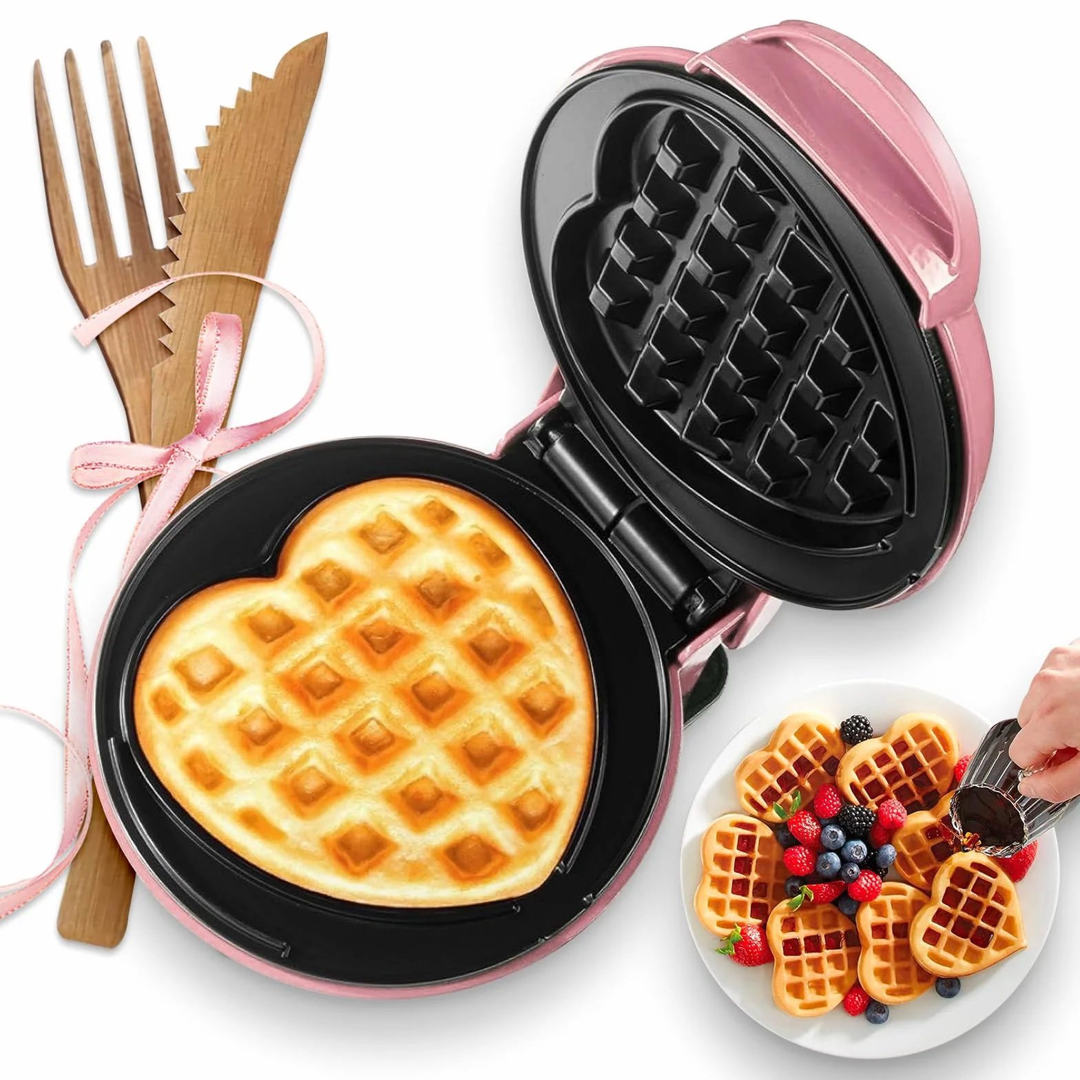 Mini Gofrera En Forma De Corazón, Pequeña Gofrera Antiadherente De 10 Cm, 350W Calentamiento Rápido Y Uniforme, Máquina Para Hacer Gofres Portátil Para Niños Familias Y Estudiantes, Rosa