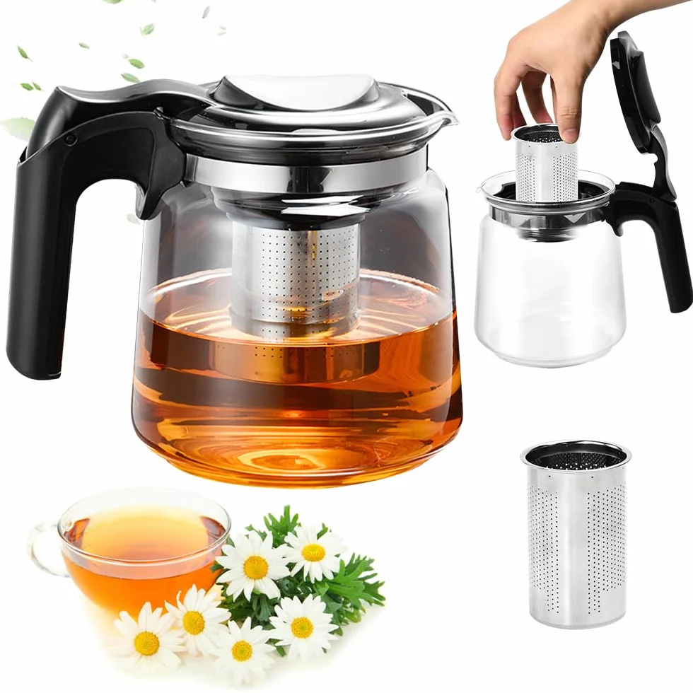 Tetera de Cristal para Infusiones de 1,5l Tetera de Vidrio con Infusor y Mango Resistente al Calor Tetera de Cristal para Vitrocerámica Jarra de Cristal para Hacer Infusiones de Té Flores