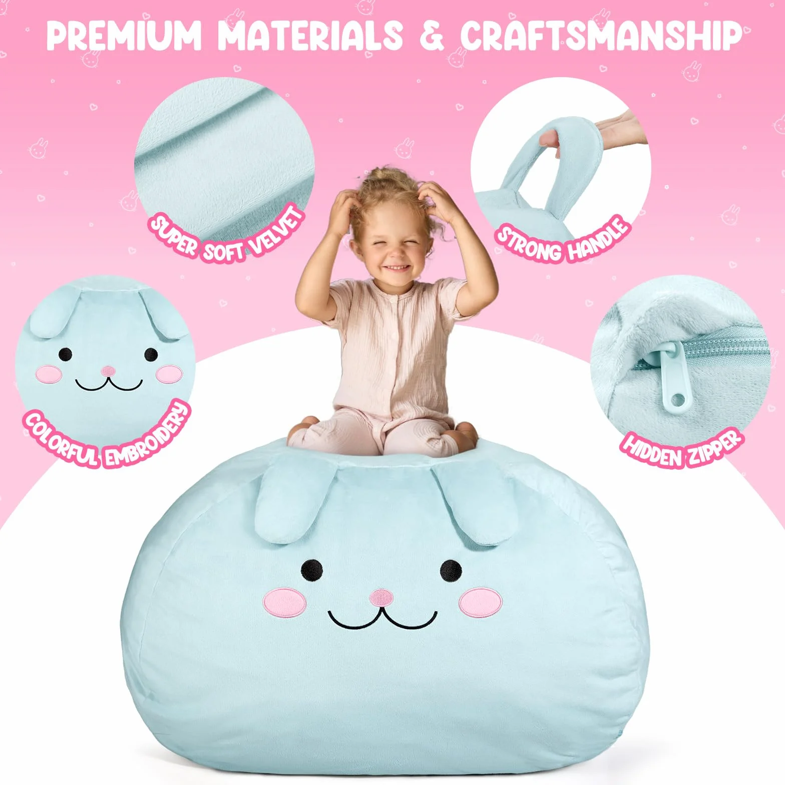 GAGAKU Saco de Almacenamiento para Peluches Conejo Azul 200L Bolsa Puff Salon XXL para Juguetes Habitación Infantil Gran Saco Asiento Rellenable con Cremallera de para Organizador Peluches - Azul