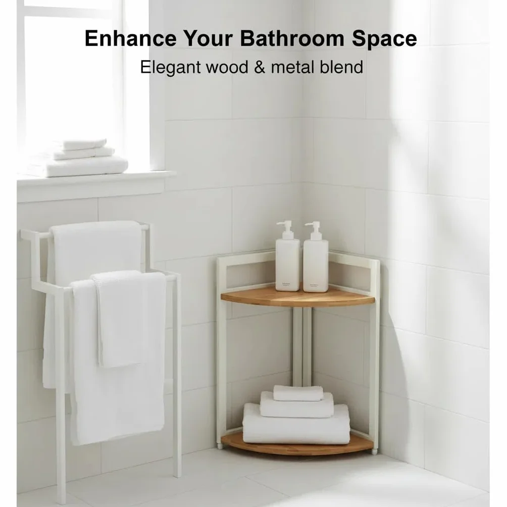 XZ-22122 Estante de Esquina de 2 Niveles con Marco de Metal Blanco y Baldas de Madera, Repisa Curva para Cocina, Estudio, Baño y Salón, Solución de Almacenaje para Rincones