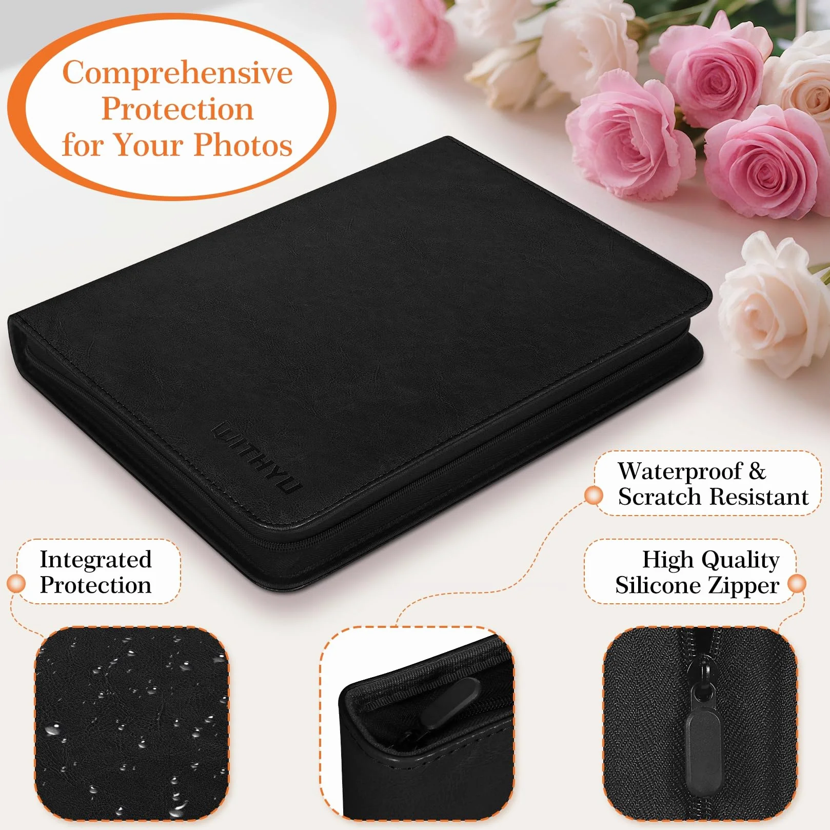 Álbum de Fotos A4 de Cuero PU con Fundas Transparentes Extraíbles - 30 Páginas (Tres Tipos de Bolsillos, Doble Cara) + Cremallera Impermeable - Para Fotos, Recuerdos de Bebé y Documentos (Negro)