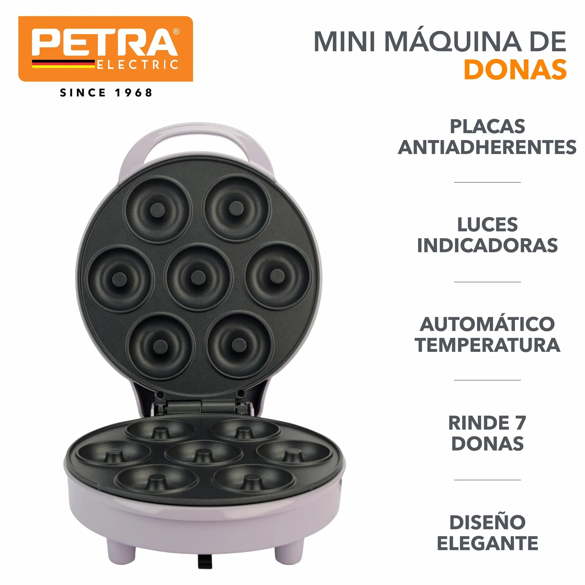 Petra Máquina para hacer donas - Rinde 7 mini donas, placa de cocción antiadherente, fácil de limpiar, luces indicadoras de encendido y listo, control automático de temperatura, 1000 W, PT6222PPVDE