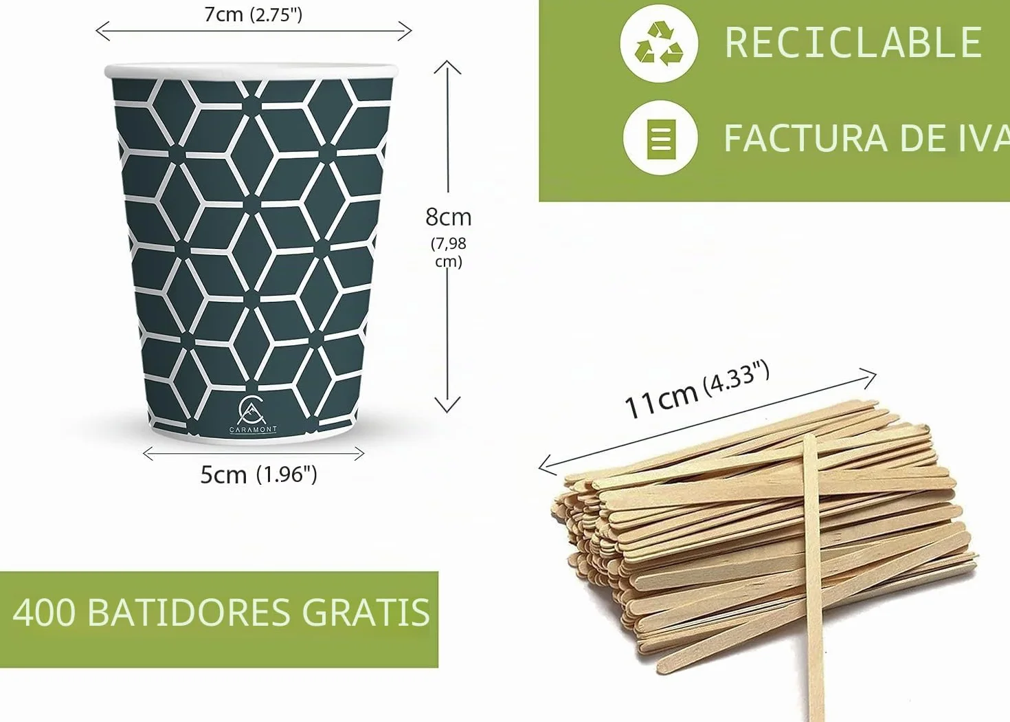 Caramont,400 Vasos de Cartón ,7 onzas con Agitadores de Madera,Ecológicos y Desechables,Resistentes al Calor,Ideales para Café,Té,Cumpleaños,etc.