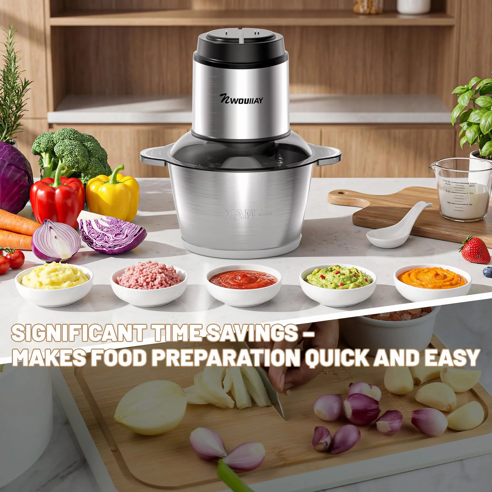 Picadora de Carne Eléctrica 300W 2L, Trituradora Multifuncional para Cocina Doméstica con 2 Velocidades y 4 Cuchillas de Acero Inoxidable, Ideal para Carne, Verduras, Frutas y Cebolla