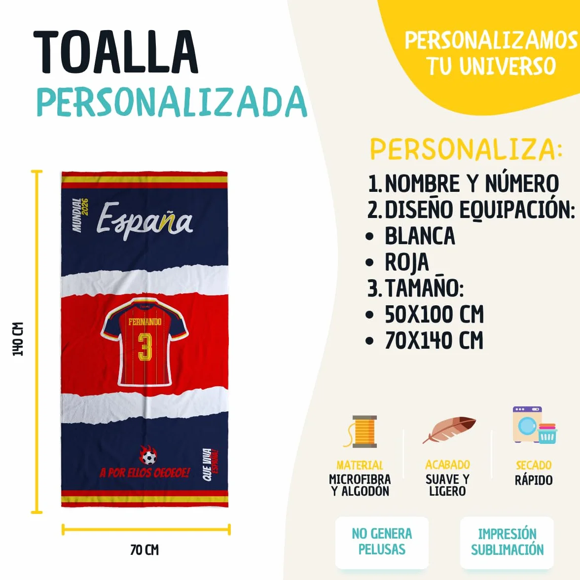 Toalla Personalizada Selección Española Mundial 2026 con Nombre y Número Camiseta España Regalo Original 70x140