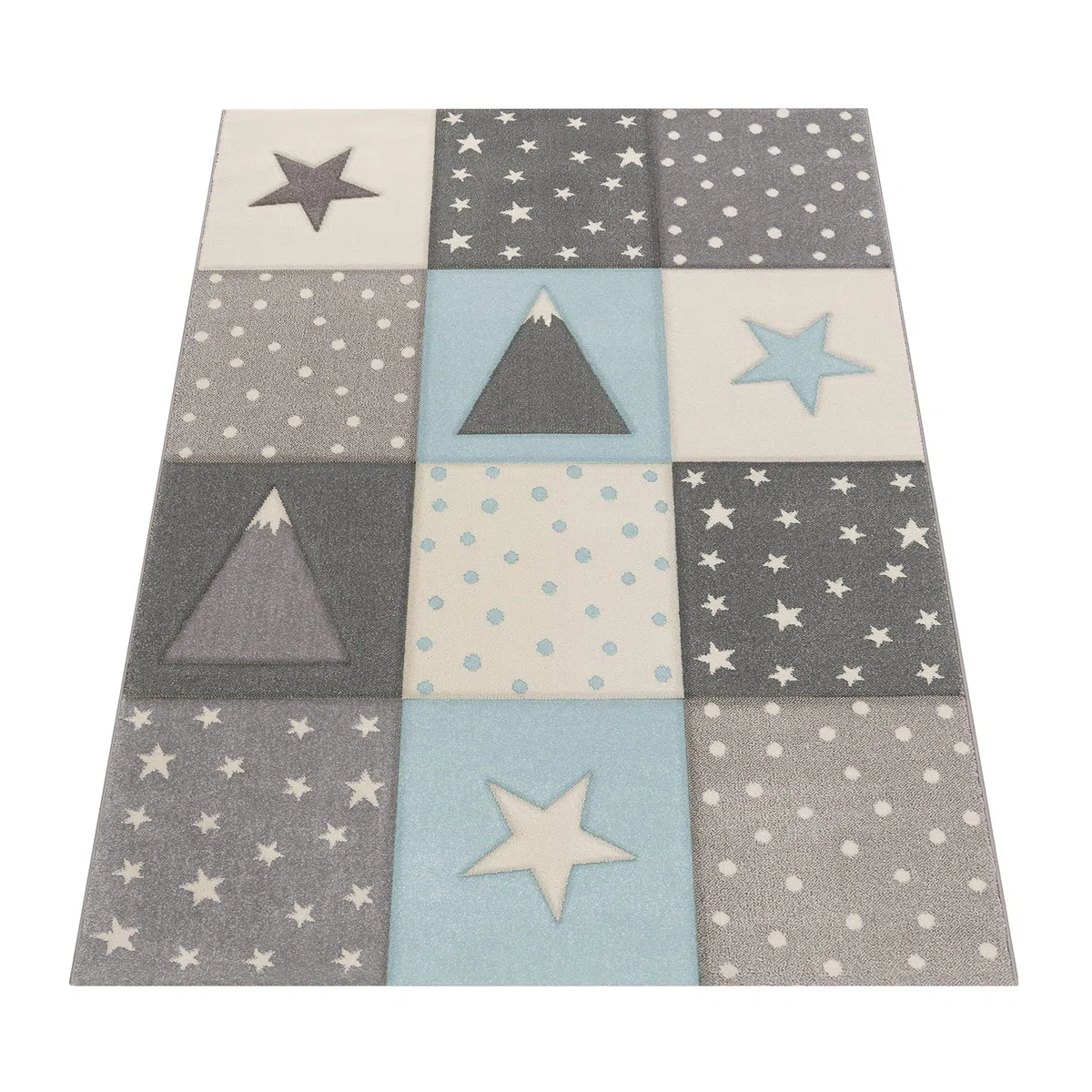 Paco Home Alfombra Infantil Pastel Cuadros Puntos Corazones Estrellas Blanco Gris Azul, tamaño:120x170 cm
