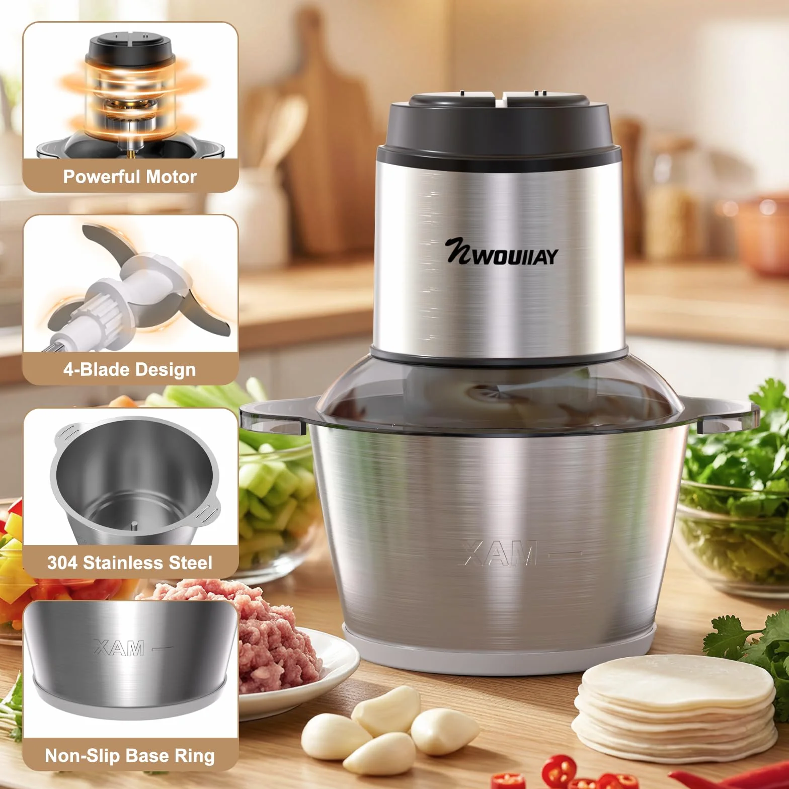 Picadora de Carne Eléctrica 300W 2L, Trituradora Multifuncional para Cocina Doméstica con 2 Velocidades y 4 Cuchillas de Acero Inoxidable, Ideal para Carne, Verduras, Frutas y Cebolla