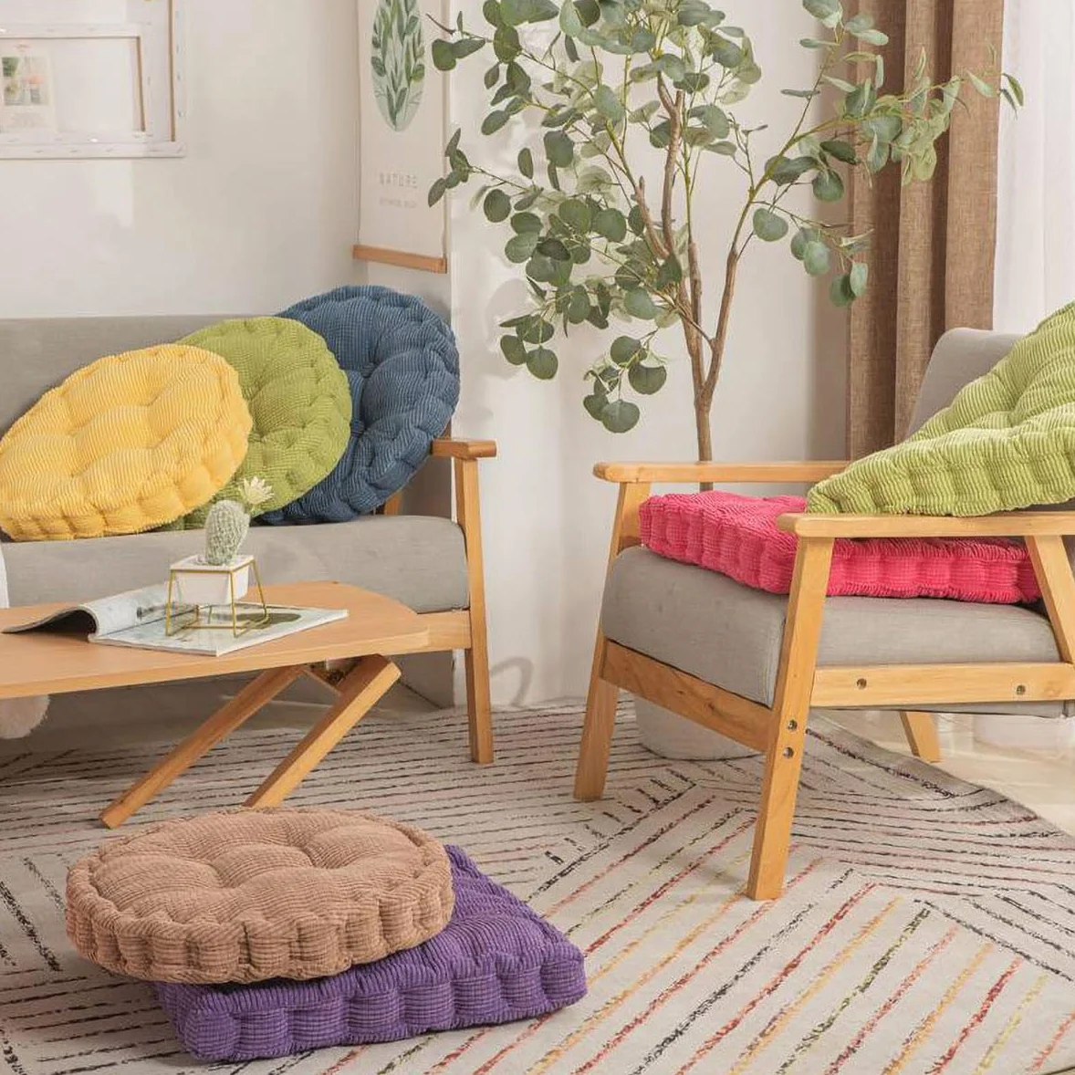 Cojín Cuadrado y Redondo para Suelo, Sofá y Meditación - Decorativo Tatami de Pana para Interior y Exterior (50 cm/19.7 Pulgadas, Verde Ronda)