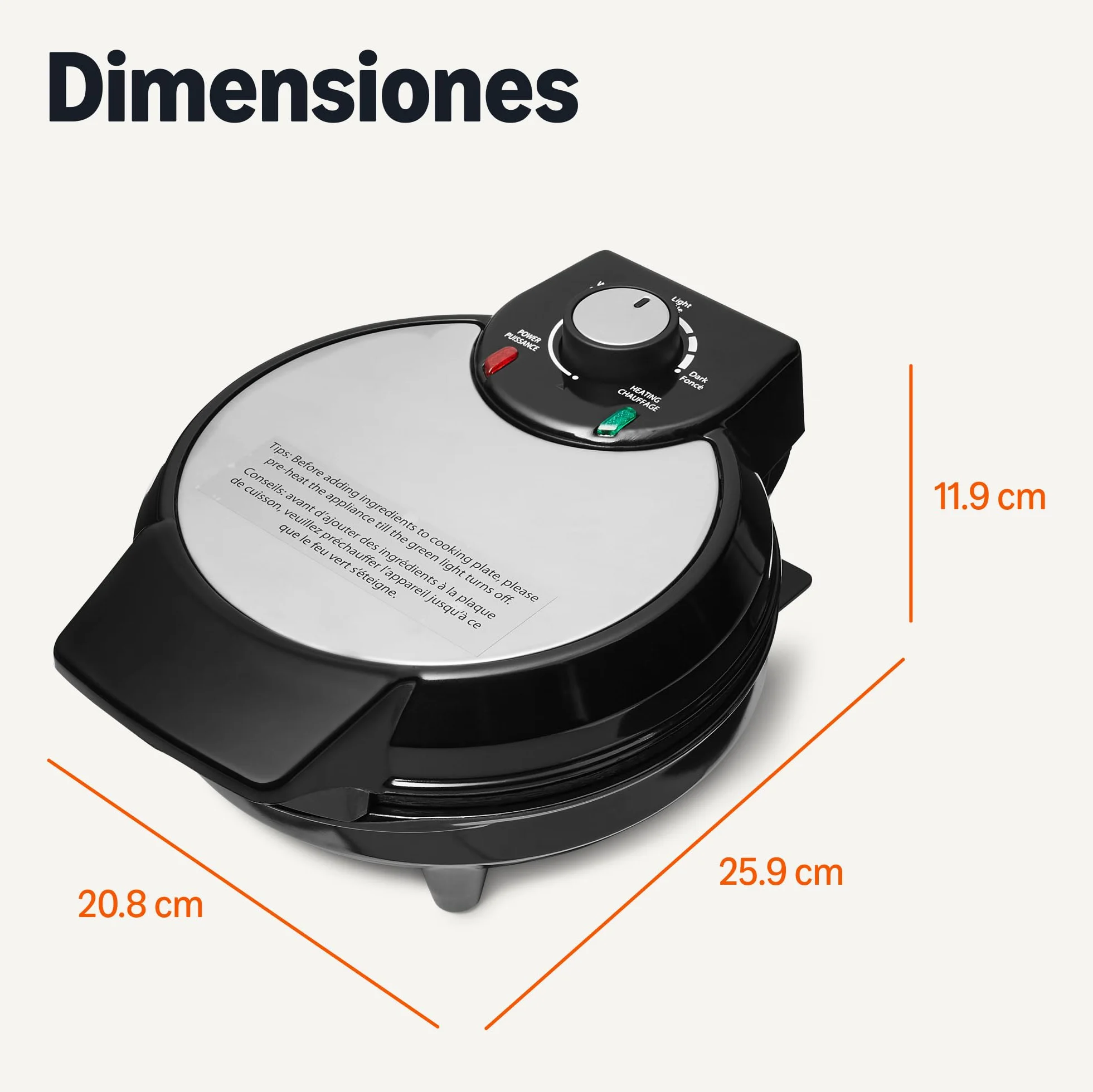 Amazon Basics Máquina para Hacer Gofres con Placa Redonda Antiadherente de Cerámica de 20cm, Control de Dorado, Negro