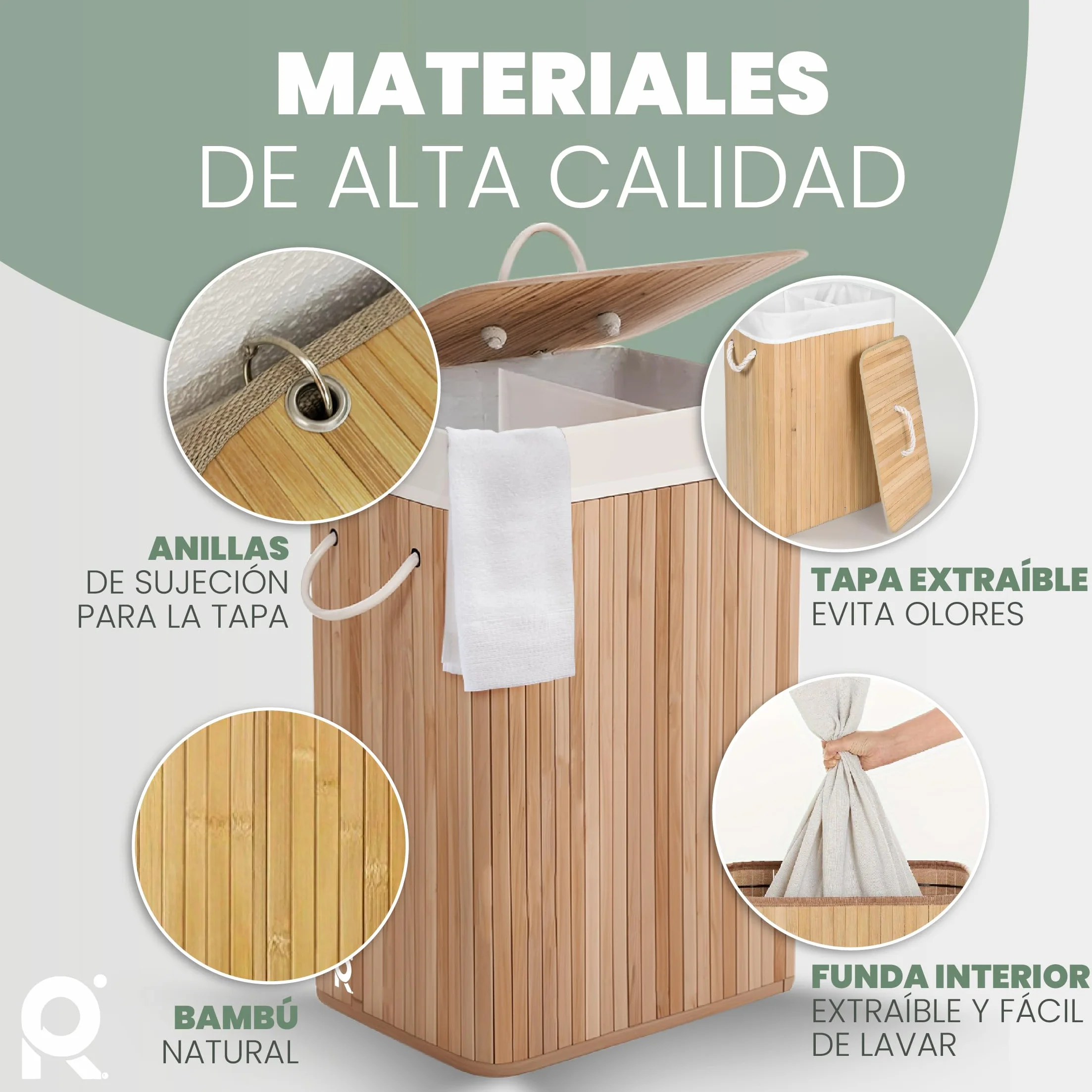 Cesto de Lavanderia 2 Compartimentos 72 L Bambu Natural con Tapa