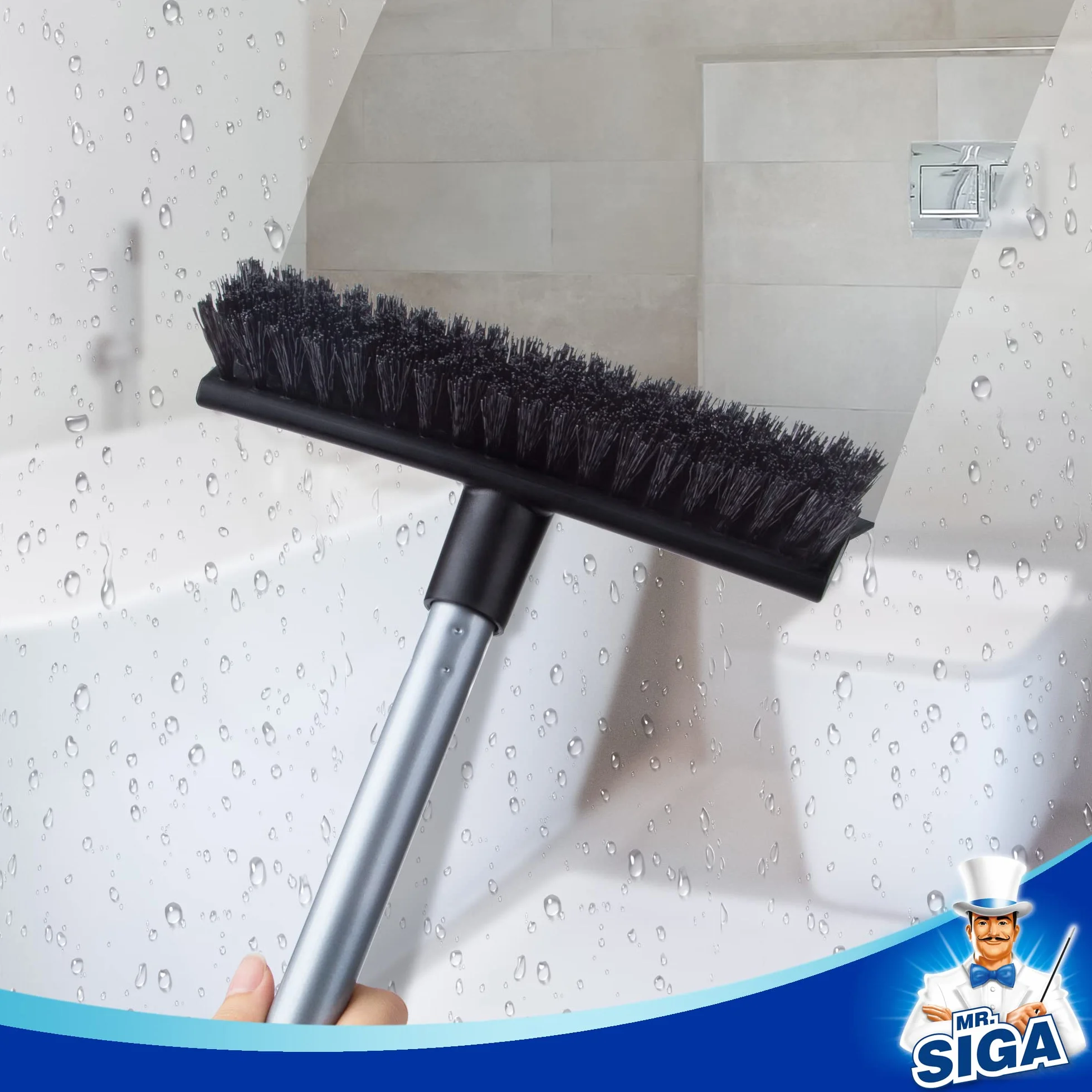MR.SIGA Cepillo de Limpieza de Suelo con Mango Largo, 2 en 1 y escobilla de Goma para Limpiar baño, Patio, Garaje, Pared, Cepillo de Limpieza de Azulejos con cerdas rígidas