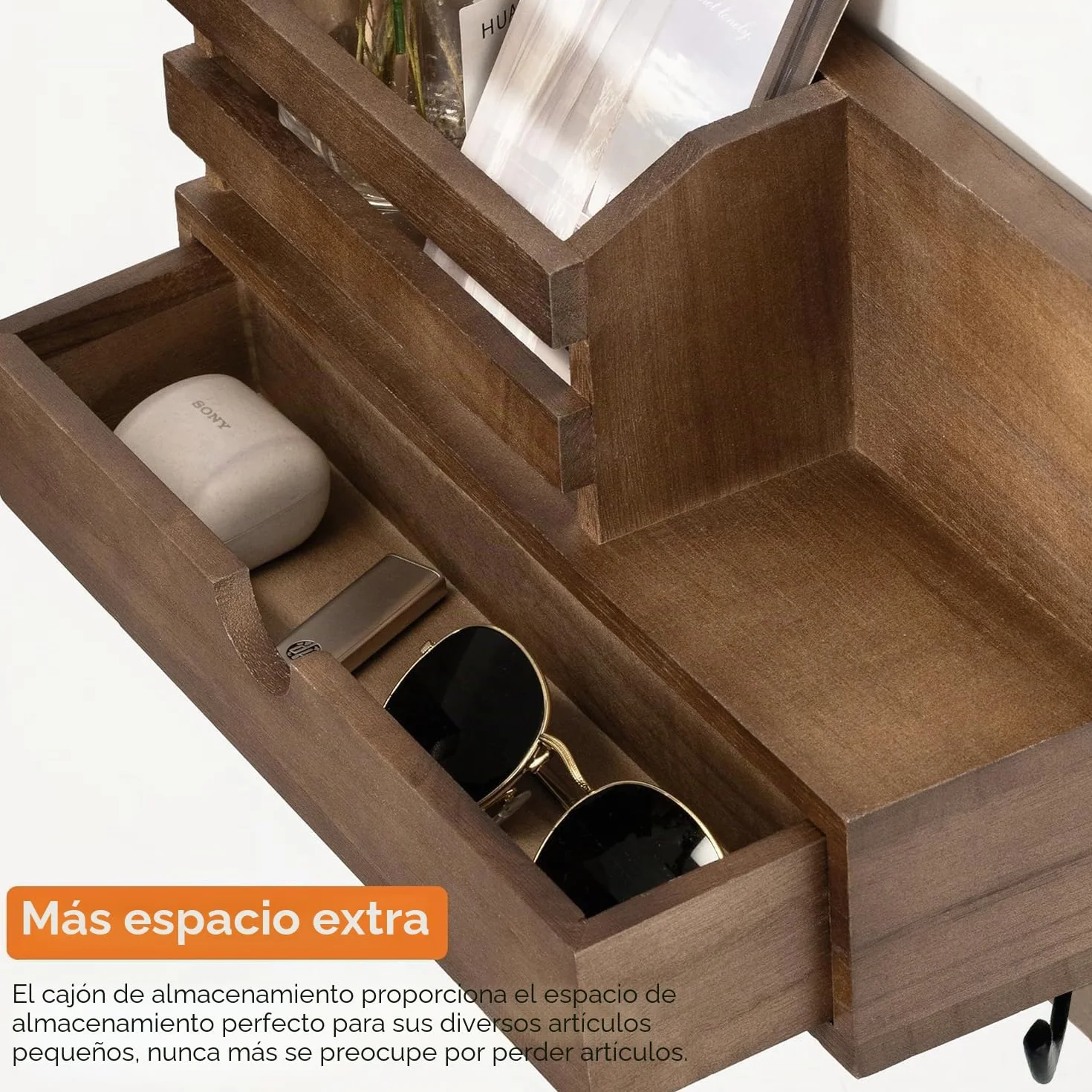 Colgador de Llaves con 4 Ganchos Dobles, Multifuncional Porta Chaves con Buzón, Colgador Llaves Pared con Cajón, Cuelga Llaves Pared para Salón, Pasillo, Oficina - Marrón