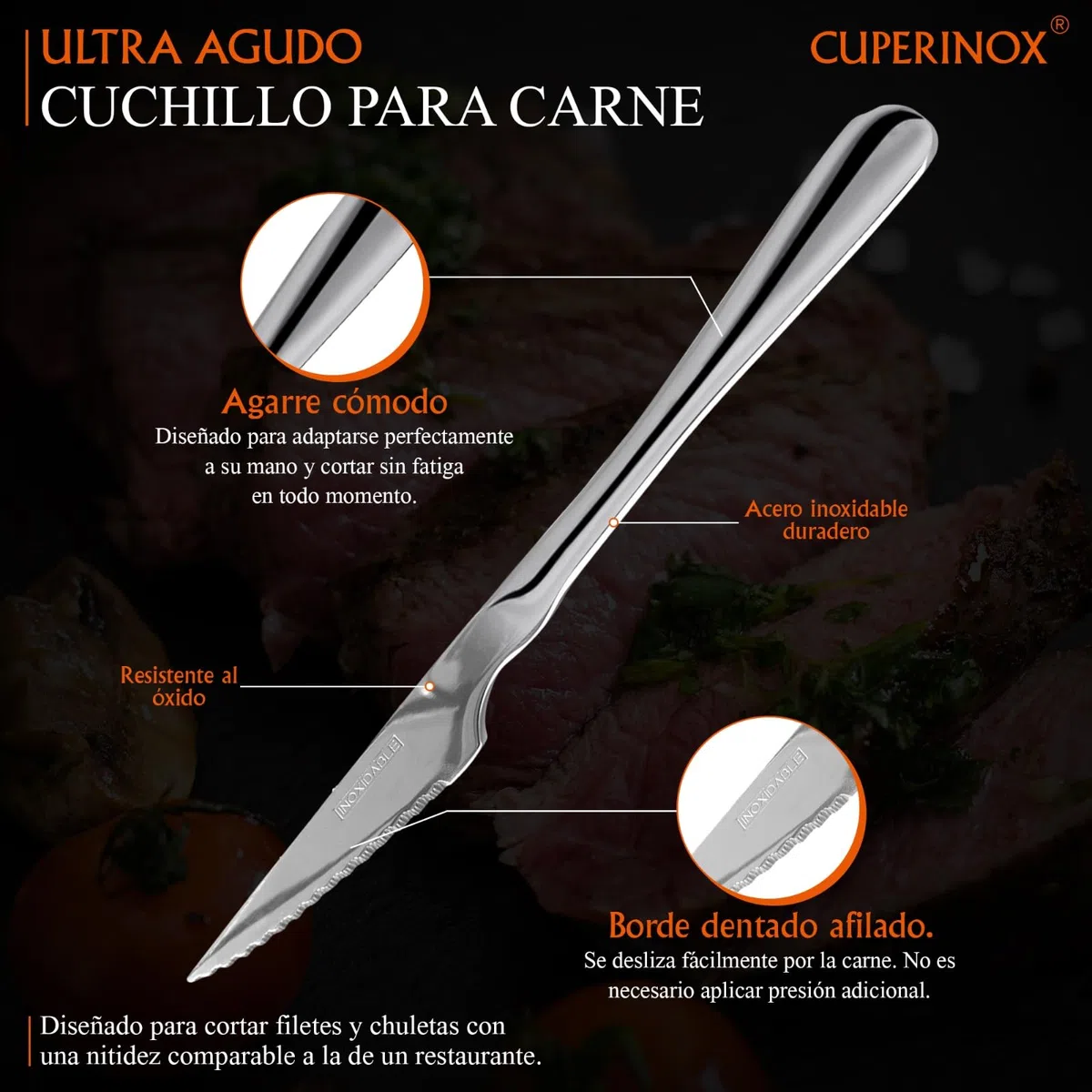 Cuchillos de Mesa Acero Inoxidable – Set 12 Cuchillos para Carne con Filo Dentado – Aptos Lavavajillas – Uso Diario y Profesional