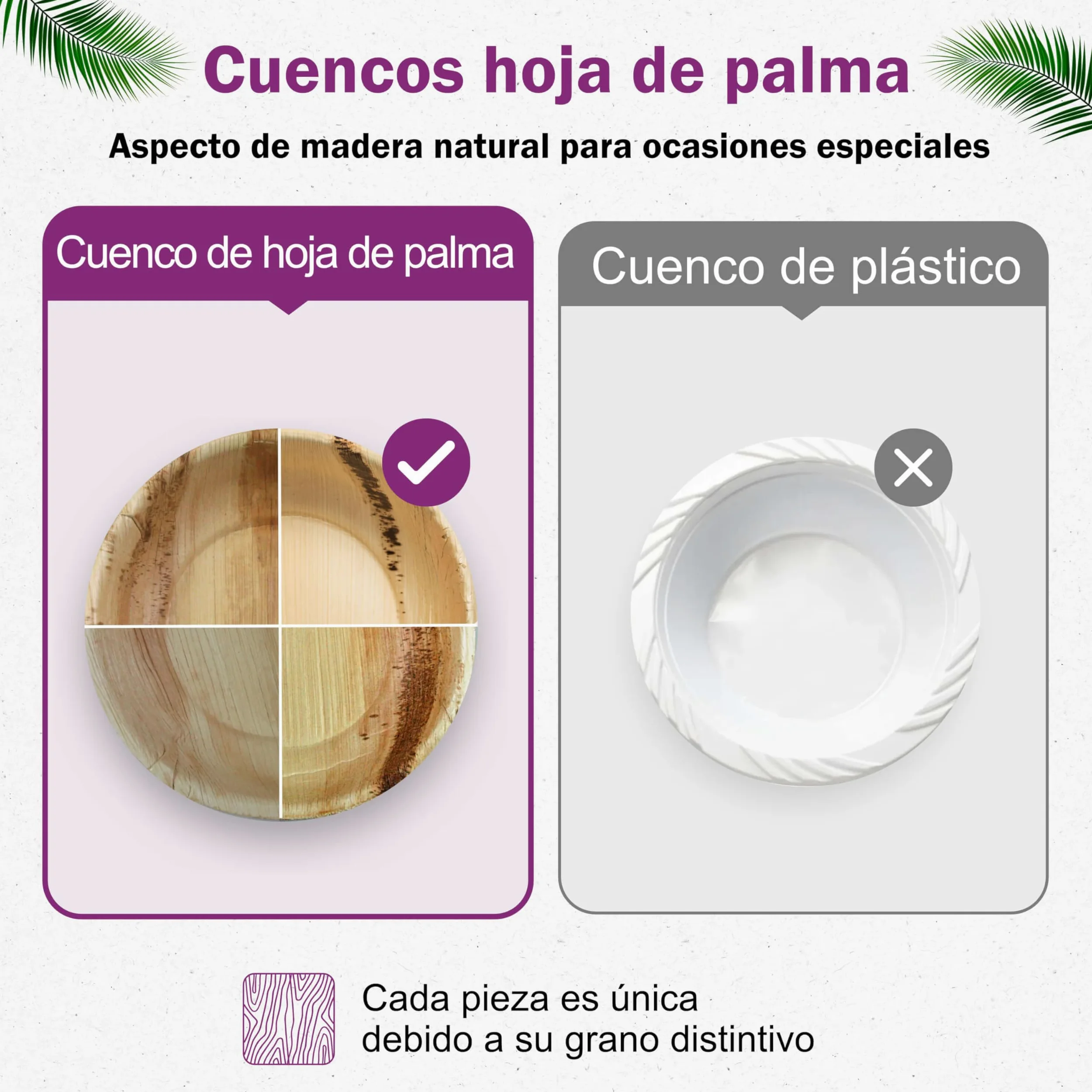 25 Cuencos Desechables de Hoja de Palma Ecológicos - 18 cm/ 700 ml - Vajilla Orgánica Elegante - Estable, Natural y Biodegradable - Boles Descartable - similar al Bambu - Estilo Madera