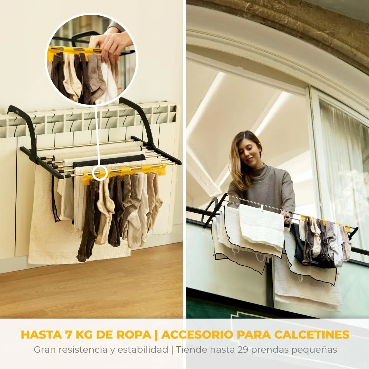 Newlux - Tendedero Balcón Extensible Flex V9 de Acero INOX (+/- 52.5-92,5x35x17cm). Tendedero barandilla Plegable con Capacidad 9M y 7kg. Accesorio Calcetines. Ideal Interiores y Exteriores, Negro
