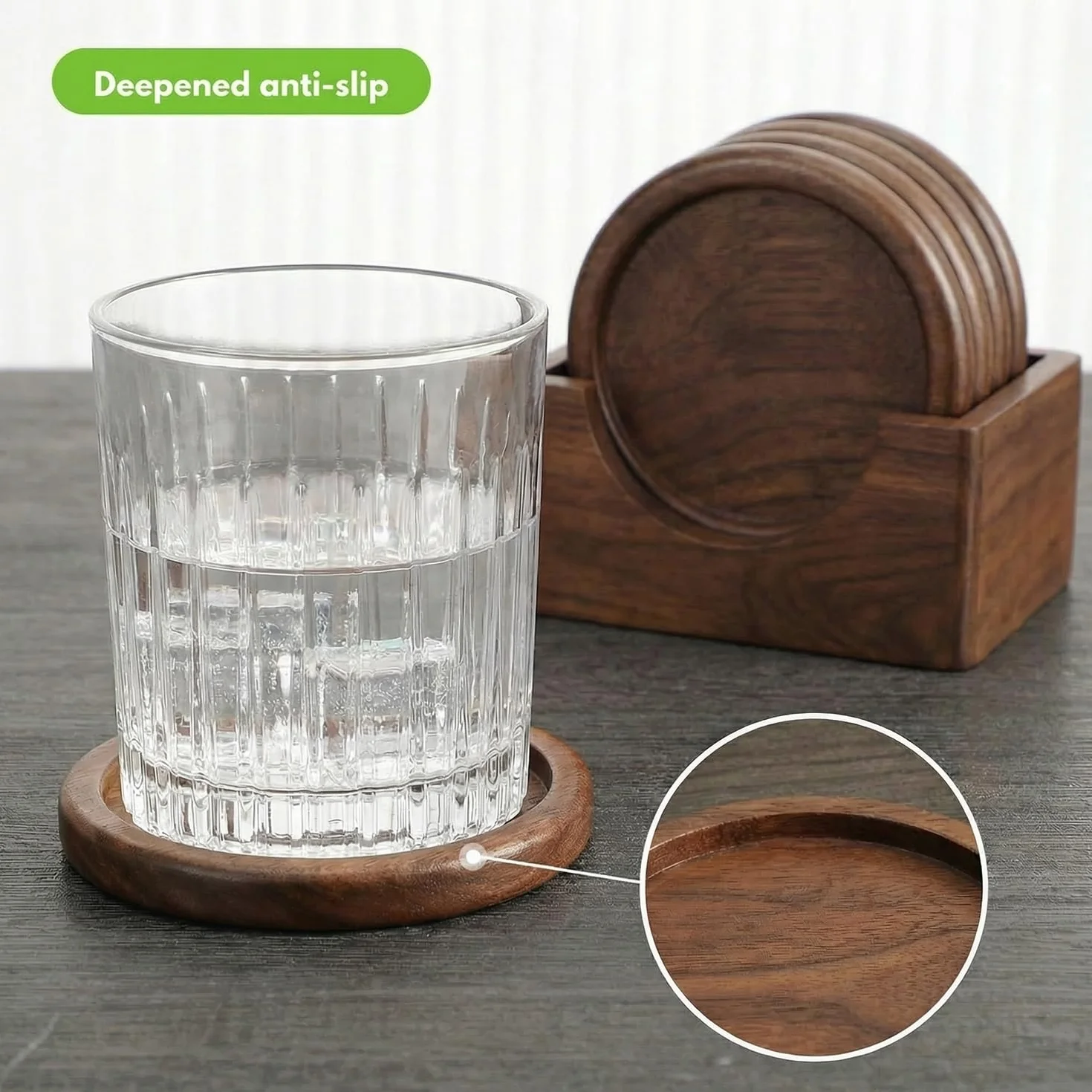 Posavasos de Madera de Nogal, Set de 6, 10 cm, Soporte Incluido para Vasos de Whisky, Copa y Tazas