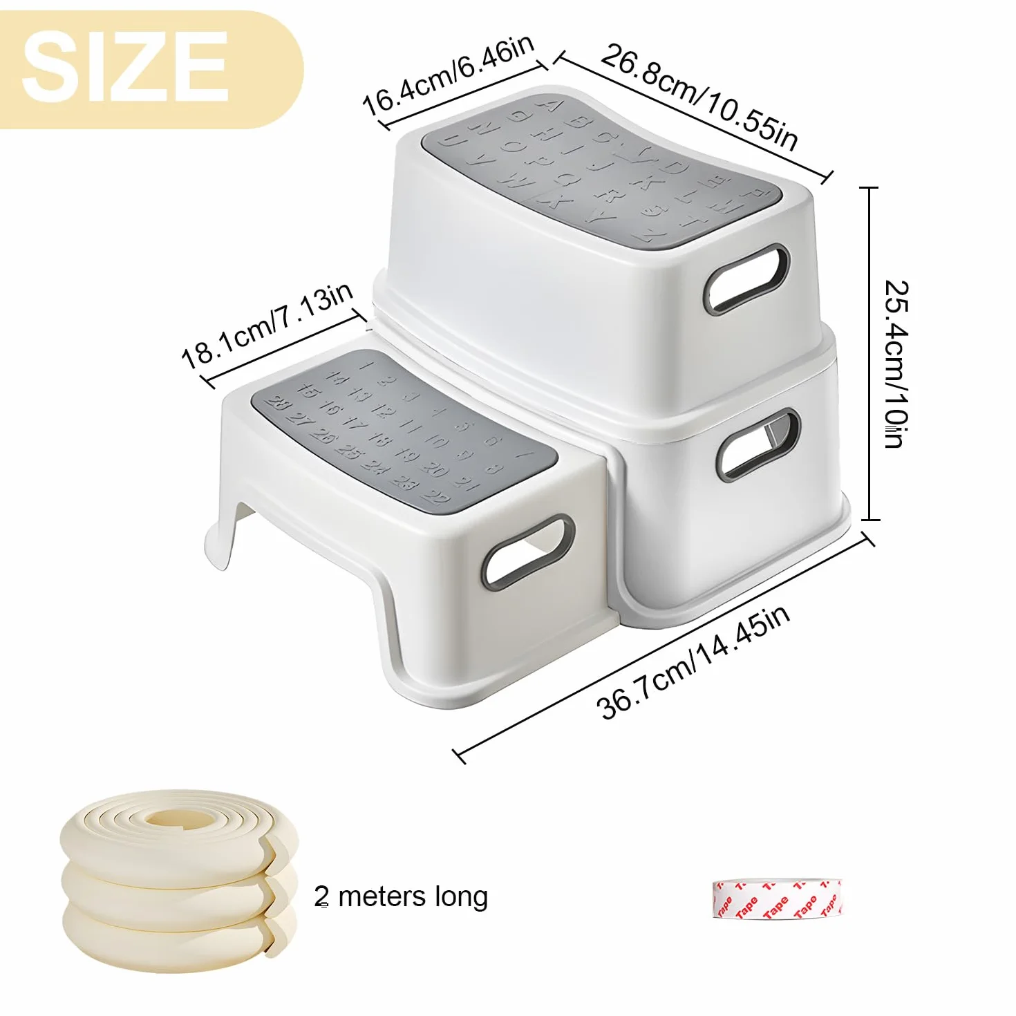 Taburete infantil 2 niveles protección cantos 1 m pies antideslizantes antivuelco peldaños perfilados para baño aseo cocina habitación infantil pálido
