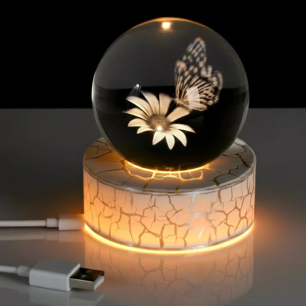 DONGKER Girasoles 3D con bolas de mariposas, bola de cristal de 2.36 pulgadas, flor de mariposa con base de luz para decoración del hogar