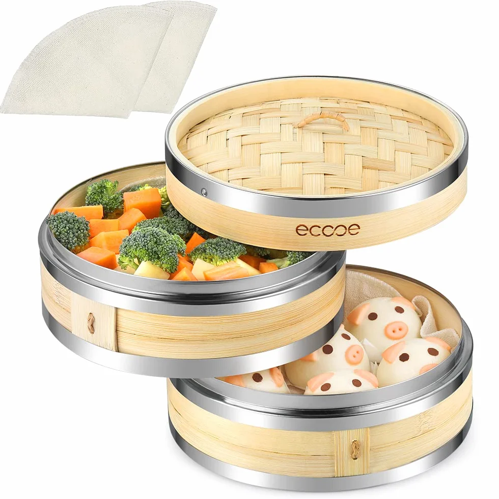Ecooe Cesta de vapor de bambú 20 cm con 2 paños de algodón para verduras, dim sum, pescado y carne